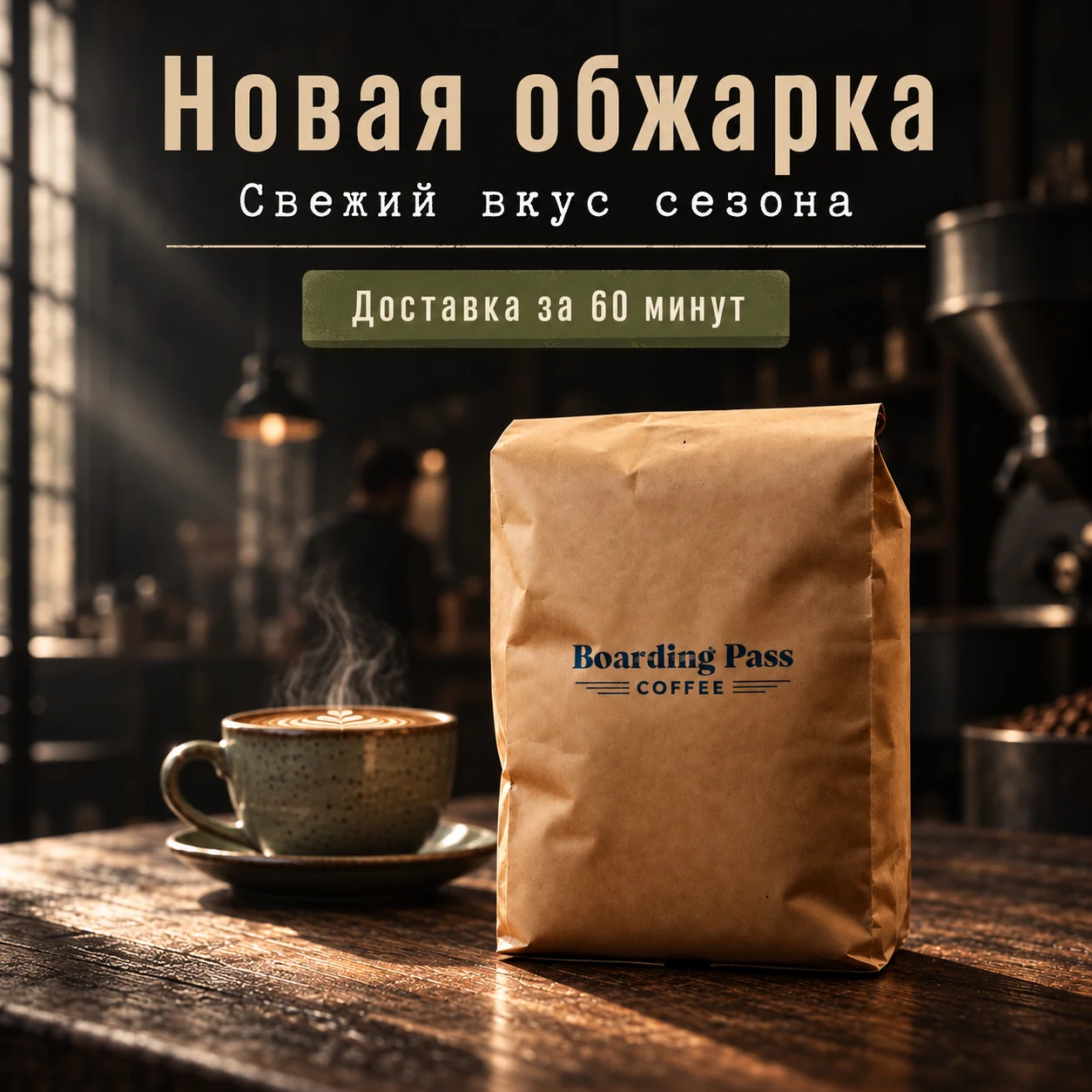 Квадратный постер с оффером для кофейного бренда, собранный нейросетью из hero-кадра